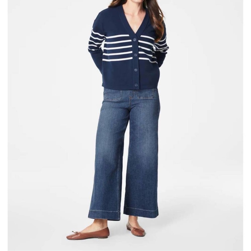 NEW SPANX airessentials long sleeve cardigan in midnight navy stripe size medium - Picture 3 of 13